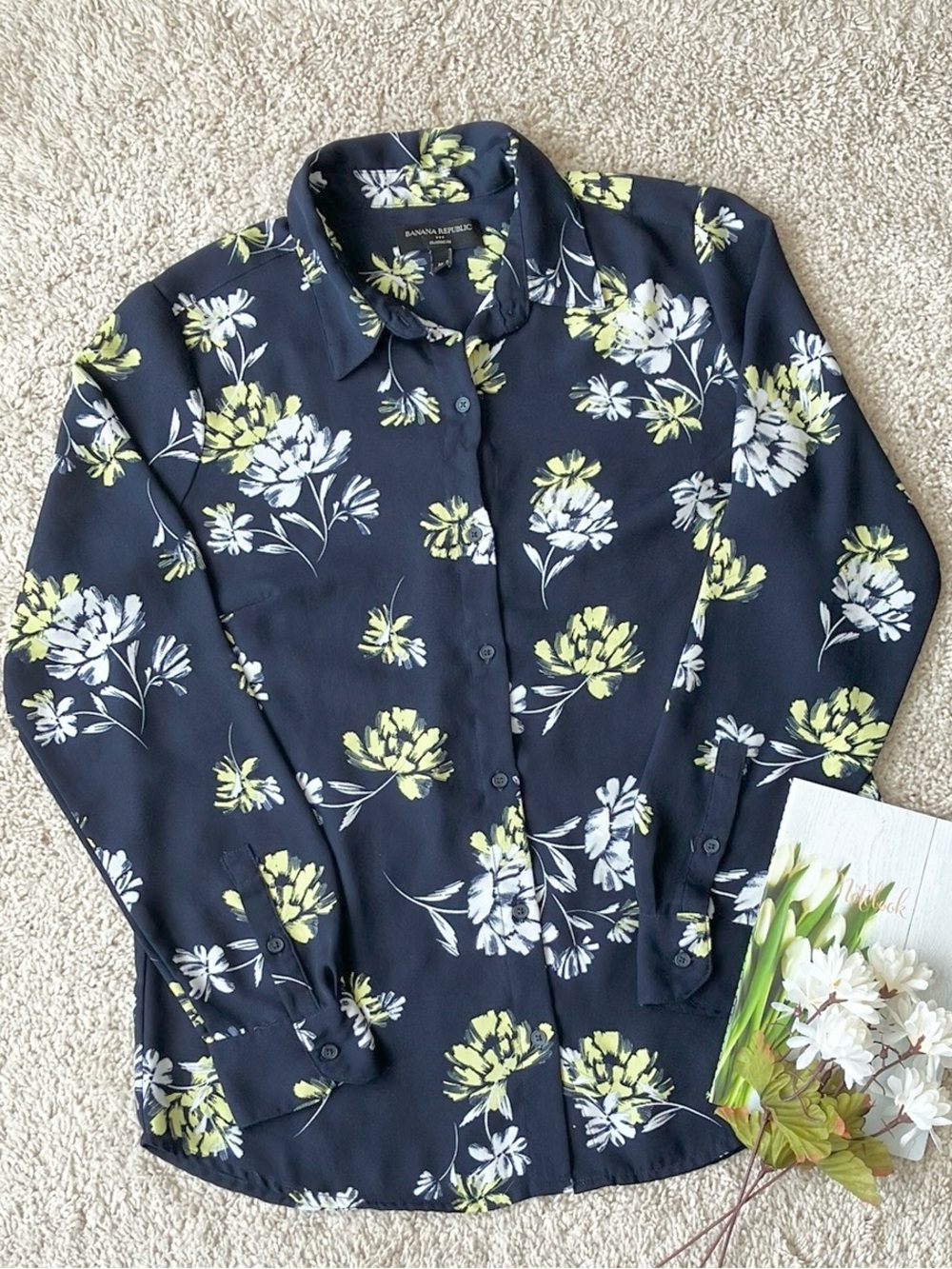 Banana Republic | Navy Blue Floral Button Down Blouse